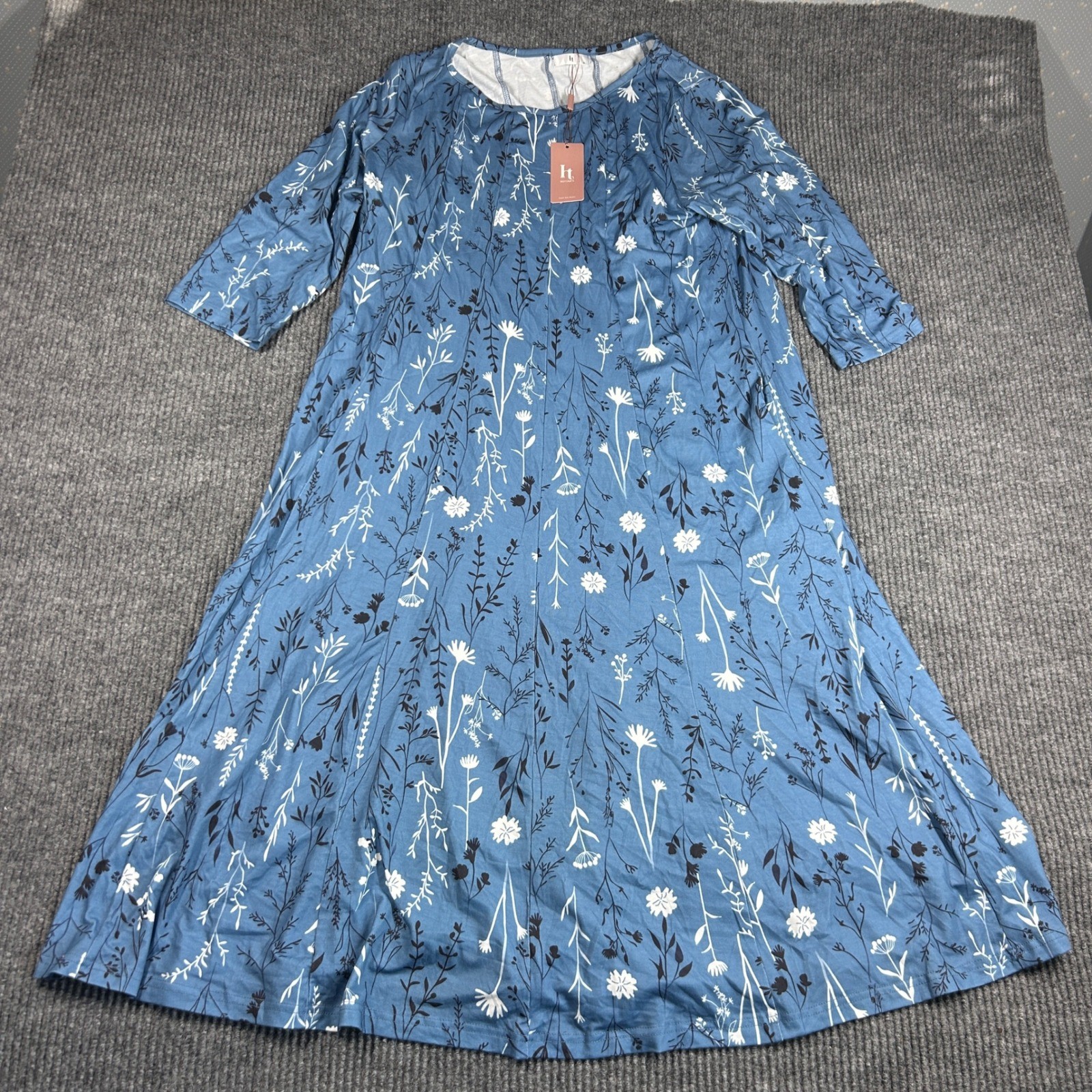 Hotouch Womens Blue Floral Print A-Line Midi Dress 3/4 Sleeve XL NWT