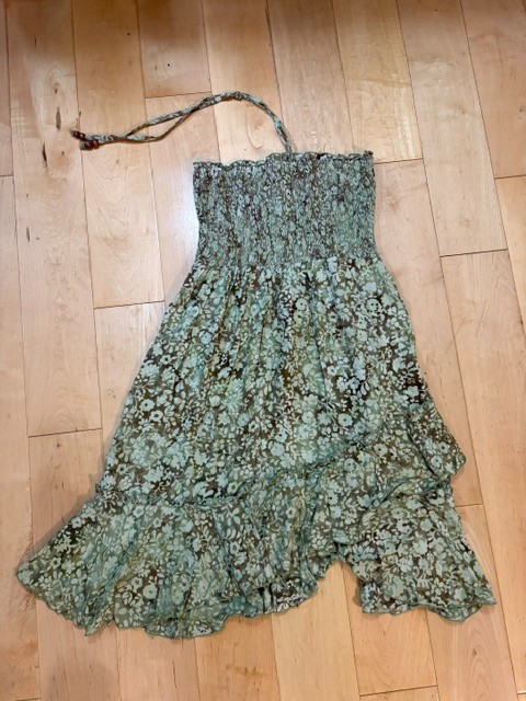 Y2K Santiki Green Floral Smocked Halter Asymmetrical Ruffle Dress Size M
