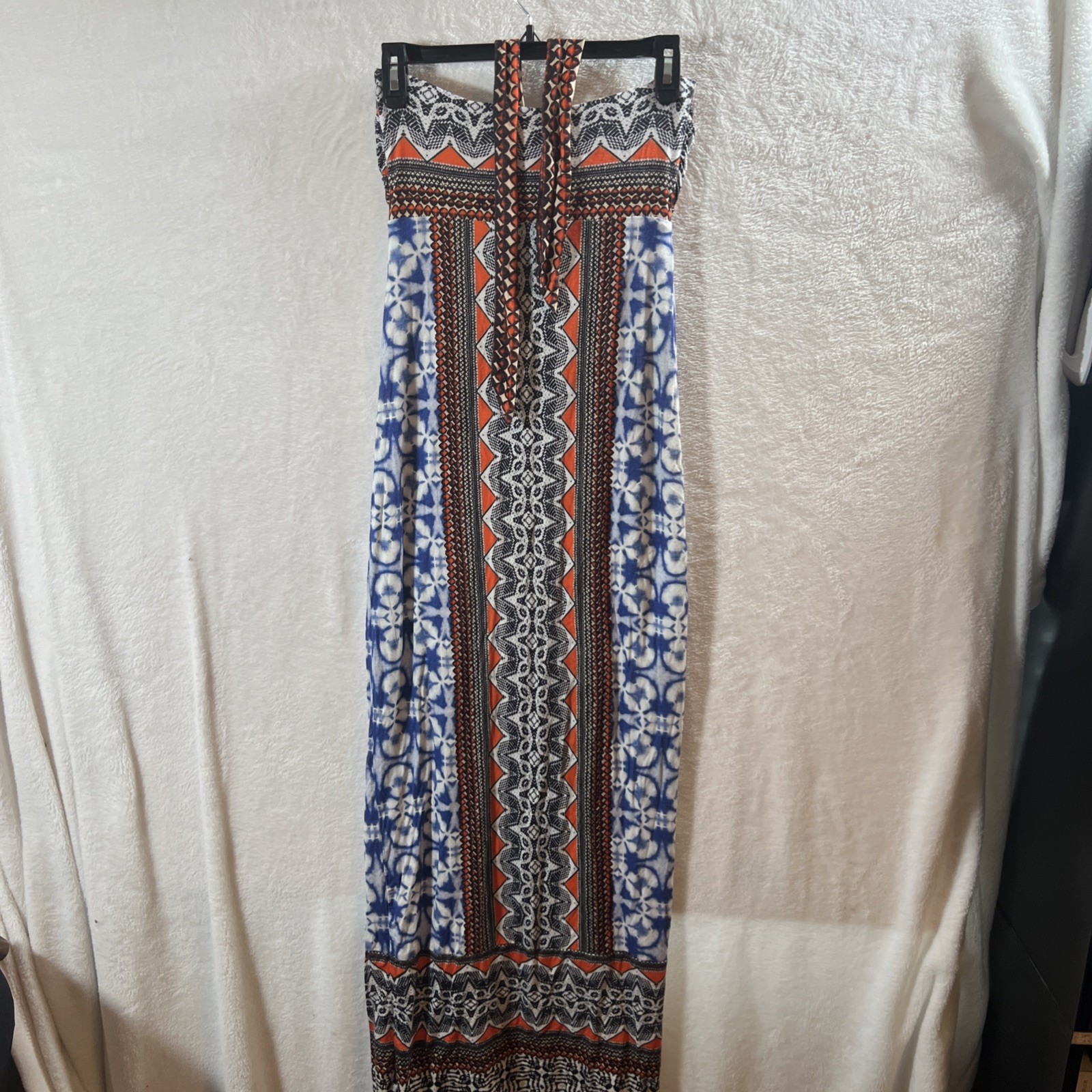 Hale Bob Cabana Strapless Maxi Dress Blue White Orange Aztec Boho Pattern Size S