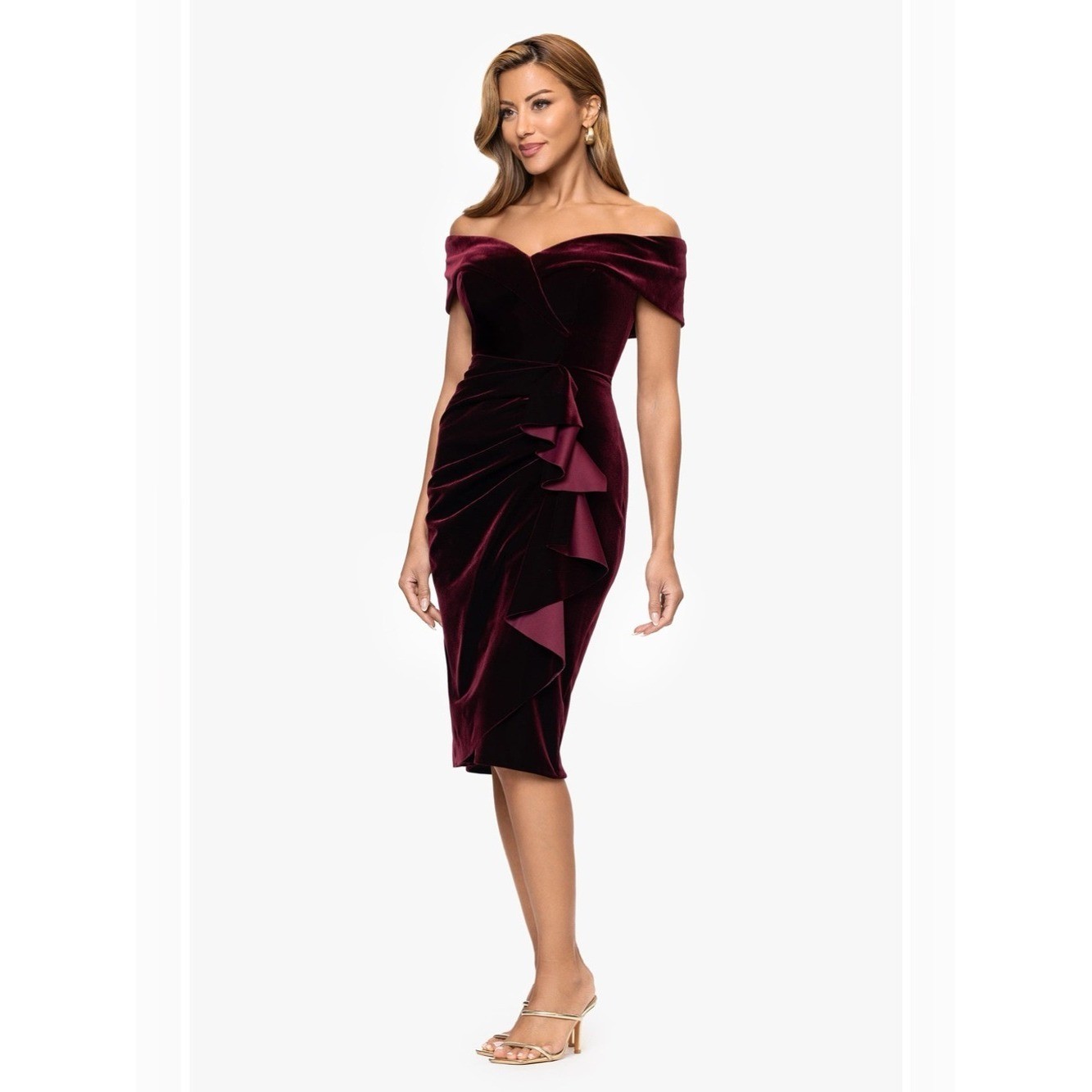Xscape NEW Ruched Ruffle Off the Shoulder Velvet Cocktail Dress Burgundy