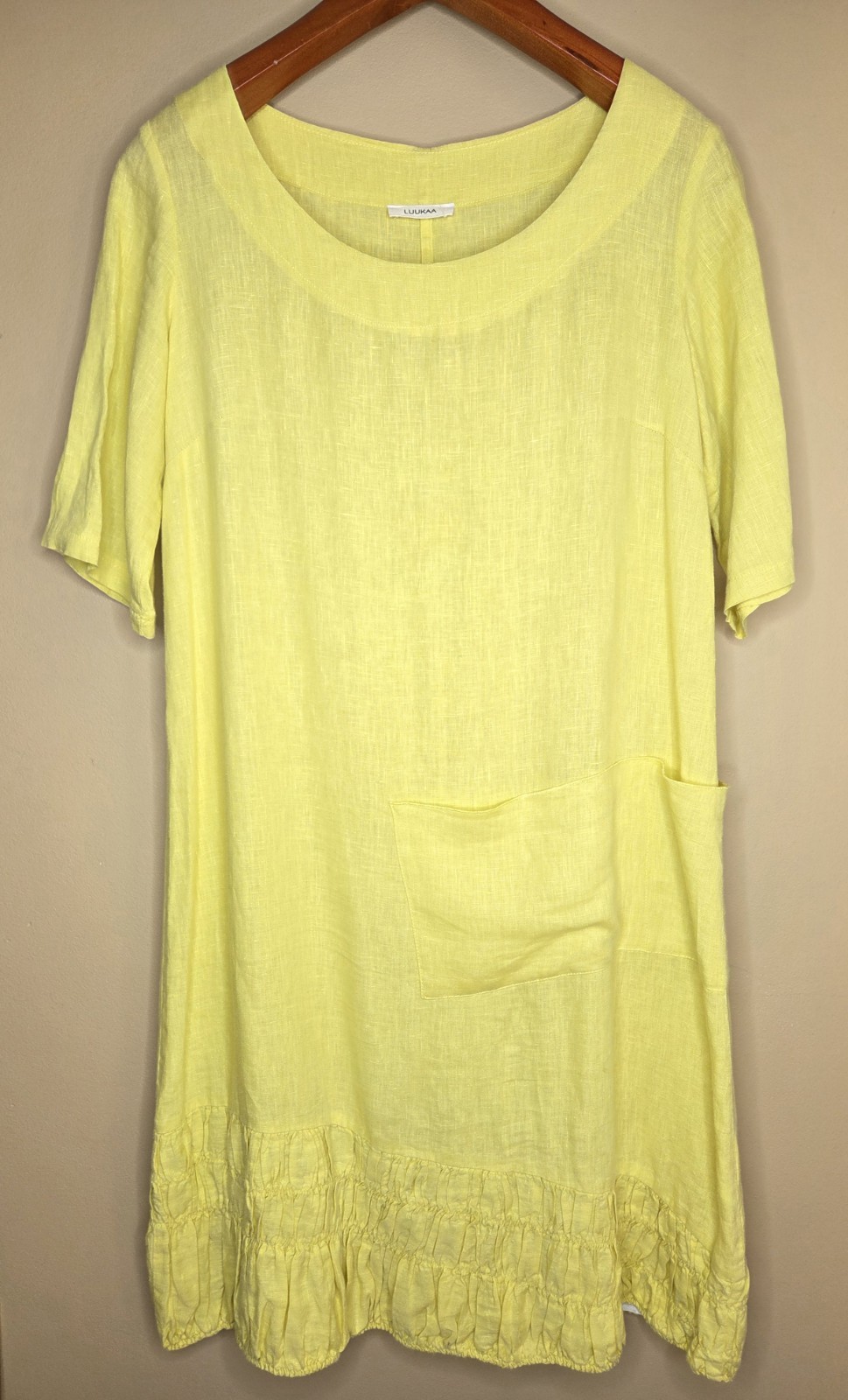 LUUKAA Linen Shift Dress Yellow Runched Hem Boho Oversized Size 1 US 4-6