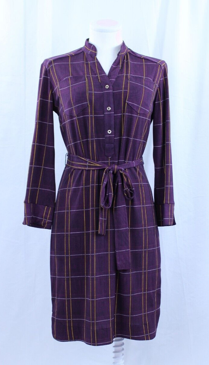 Donna Morgan Dress Purple Yellow Plaid Chest Pockets Waist Tie Buttons Sz 4