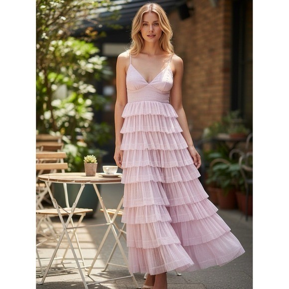 Lulus True to Heart Lavender Pleated Tiered Maxi Dress Purple V-Neck Gown S NEW