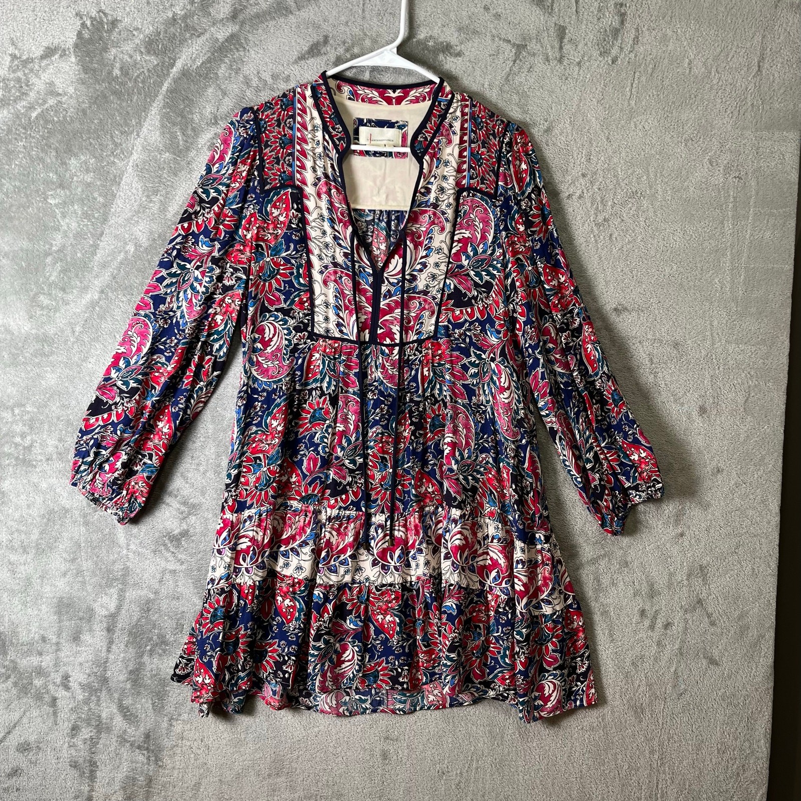 Anthropologie Spliced Tunic Dress Red & Blue Paisley Long Sleeve Medium Petite