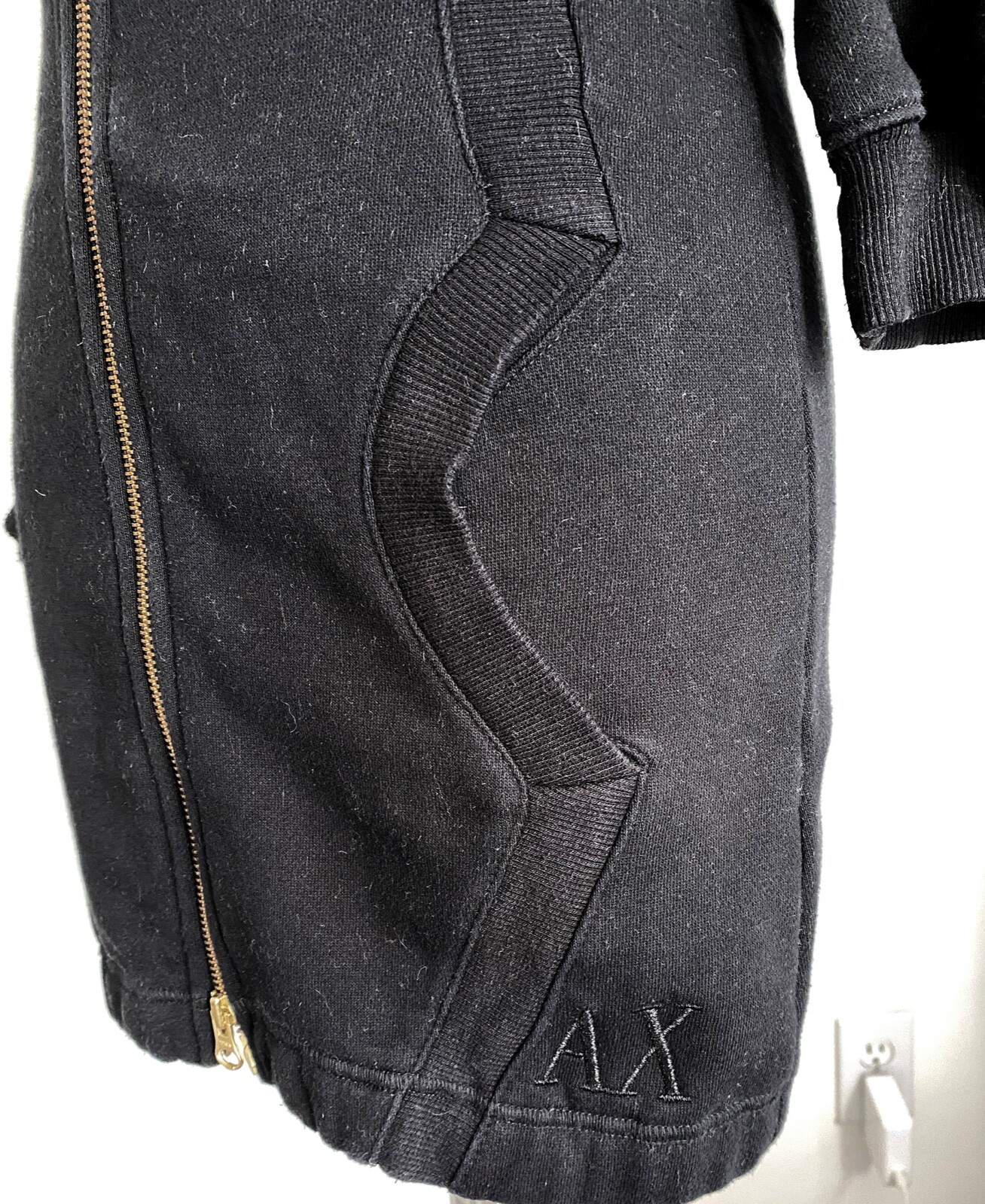 A|X Armani Exchange Black Short Mini Sweatshirt Dress w/ Gold Zipper, XS