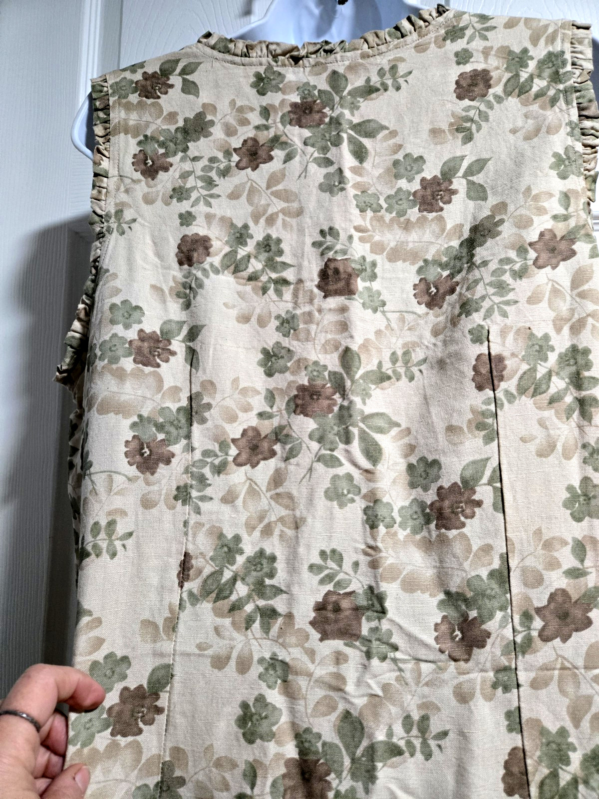 Kathy Ireland Beige/Green Sleeveless Floral Linen Blend Dress;Ruffle V-Neck;Sz L