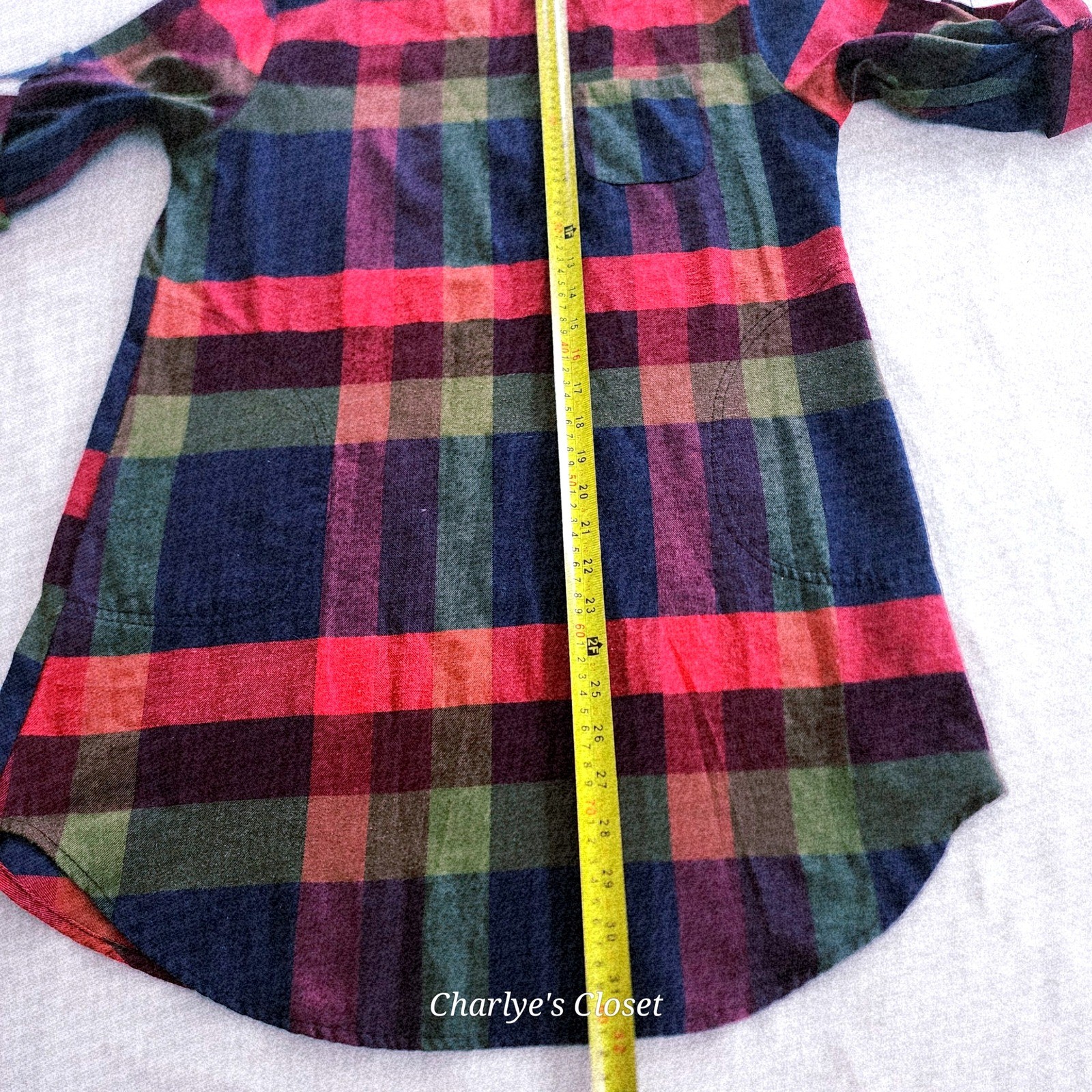 Vibrant Plaid Roll Tab Sleeve Pocket Casual Flannel-look Tunic Shirtdress Fits L