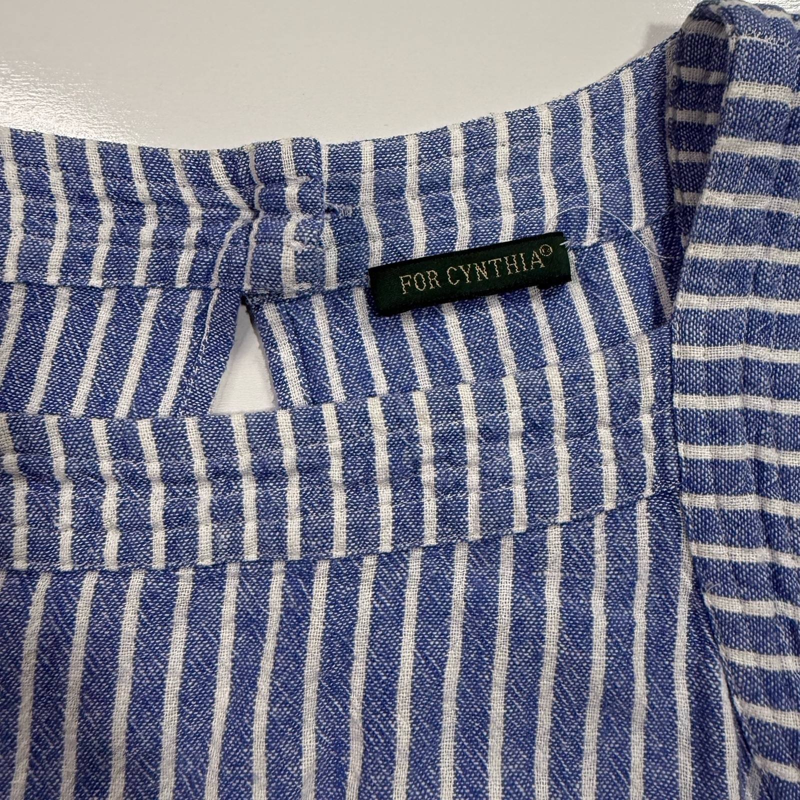 Blue White Vertical Striped For Cynthia Linen Blend Shift Dress W/ Button Sides