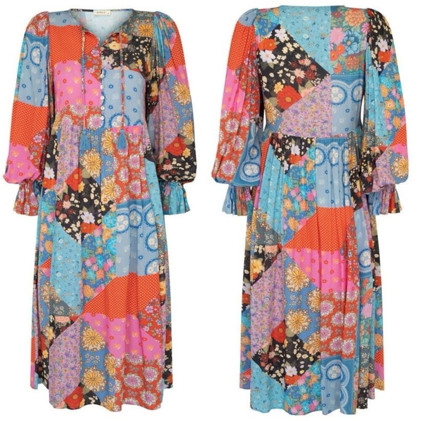 Spell & the Gypsy Bohemian Patchwork 70s Witchy Cha Cha Maxi Dress Size Small