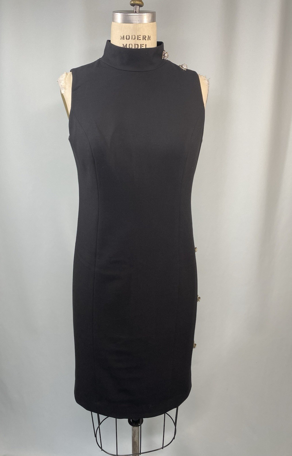 TERI JON Vintage Dress SIZE 6 SMALL black sheath high neck LBD rhinestone