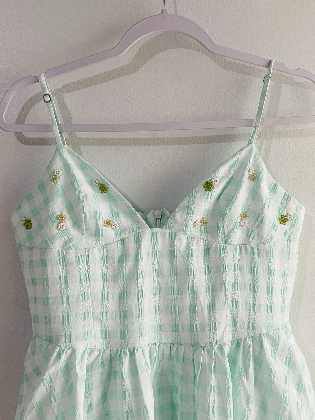 ZARA Mint Green Gingham Beaded Mini Dress M Seersucker Floral Bust Cami Pockets