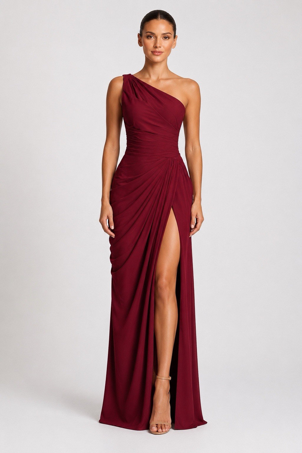 Women’s Burgundy One Shoulder Evening Gown Size 4 | Ruched Formal Dress