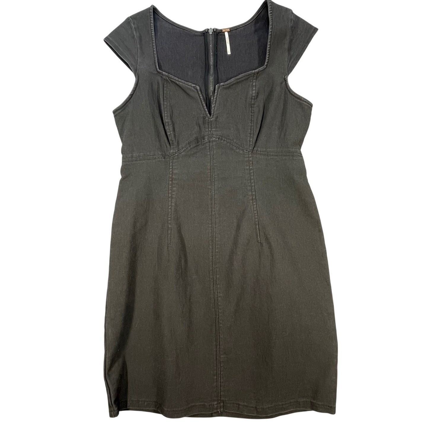Free People Black Denim Mini Dress Cap Sleeve Sweetheart Neck Womens Size M