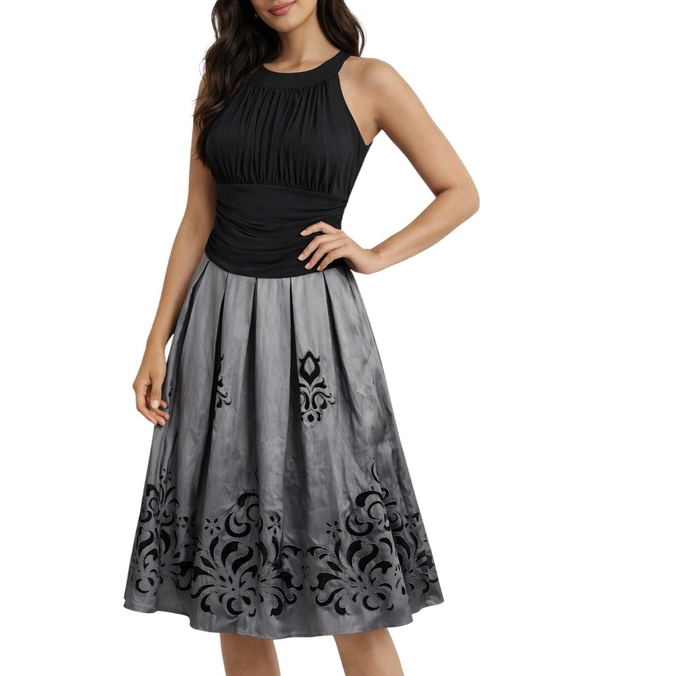 S.L. Fashions Women Size 10 Black Gray Ruched Fit Flare Party Dress Sleeveless