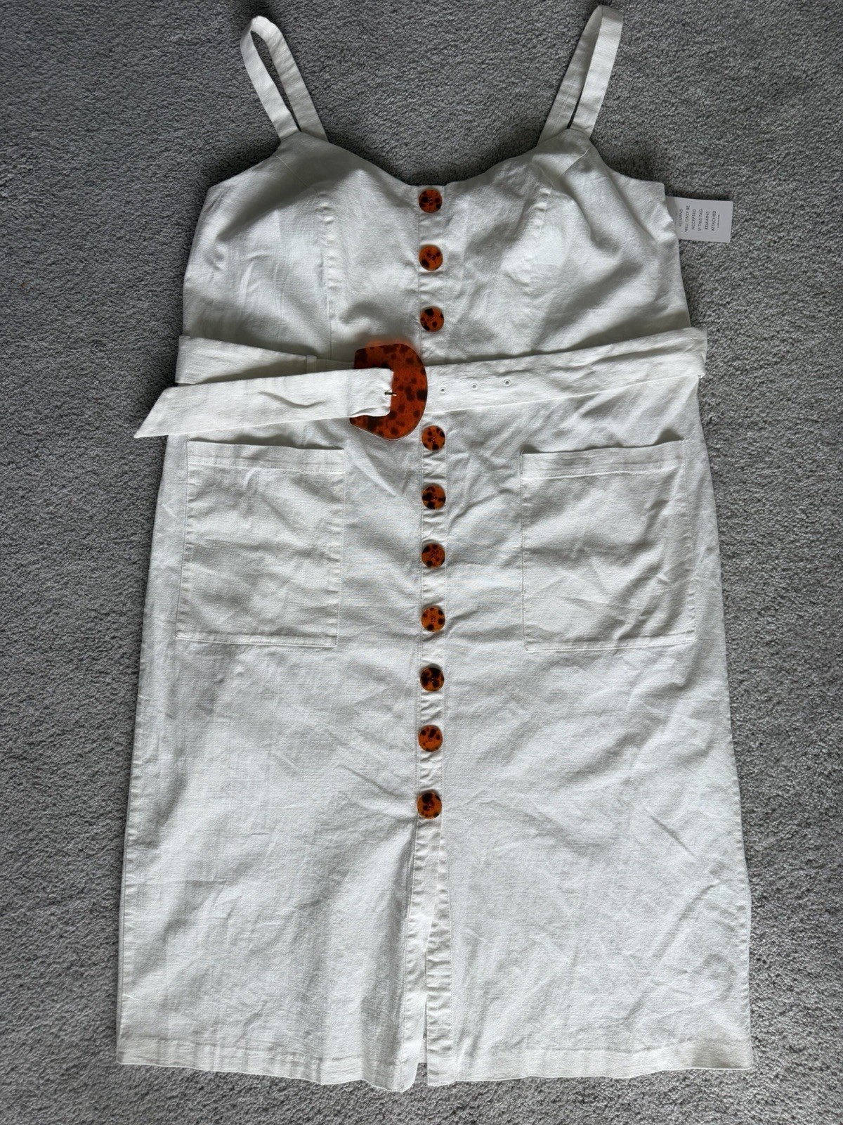 NWT Eloquii White Button Front Midi Dress Belted Tortoise Buckle Pockets Size 18