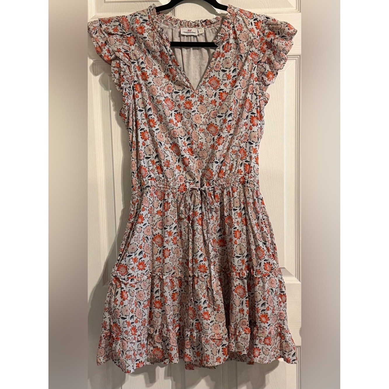 Vineyard Vines White Cotton Lined Dress with Subtle Floral Trim