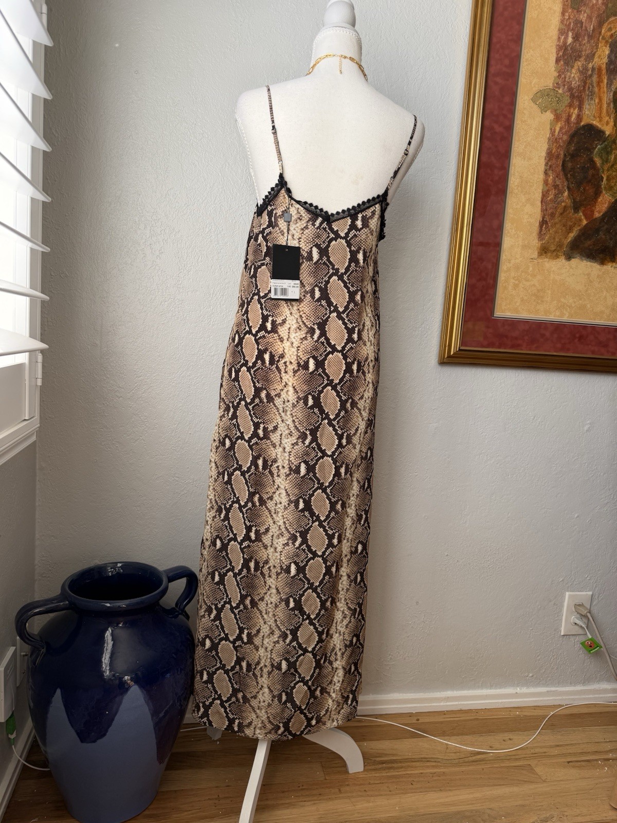 23- The Kooples Snakeskin Print Silk Midi Slip Dress Size 1 (Sm) NWT Lace Trim