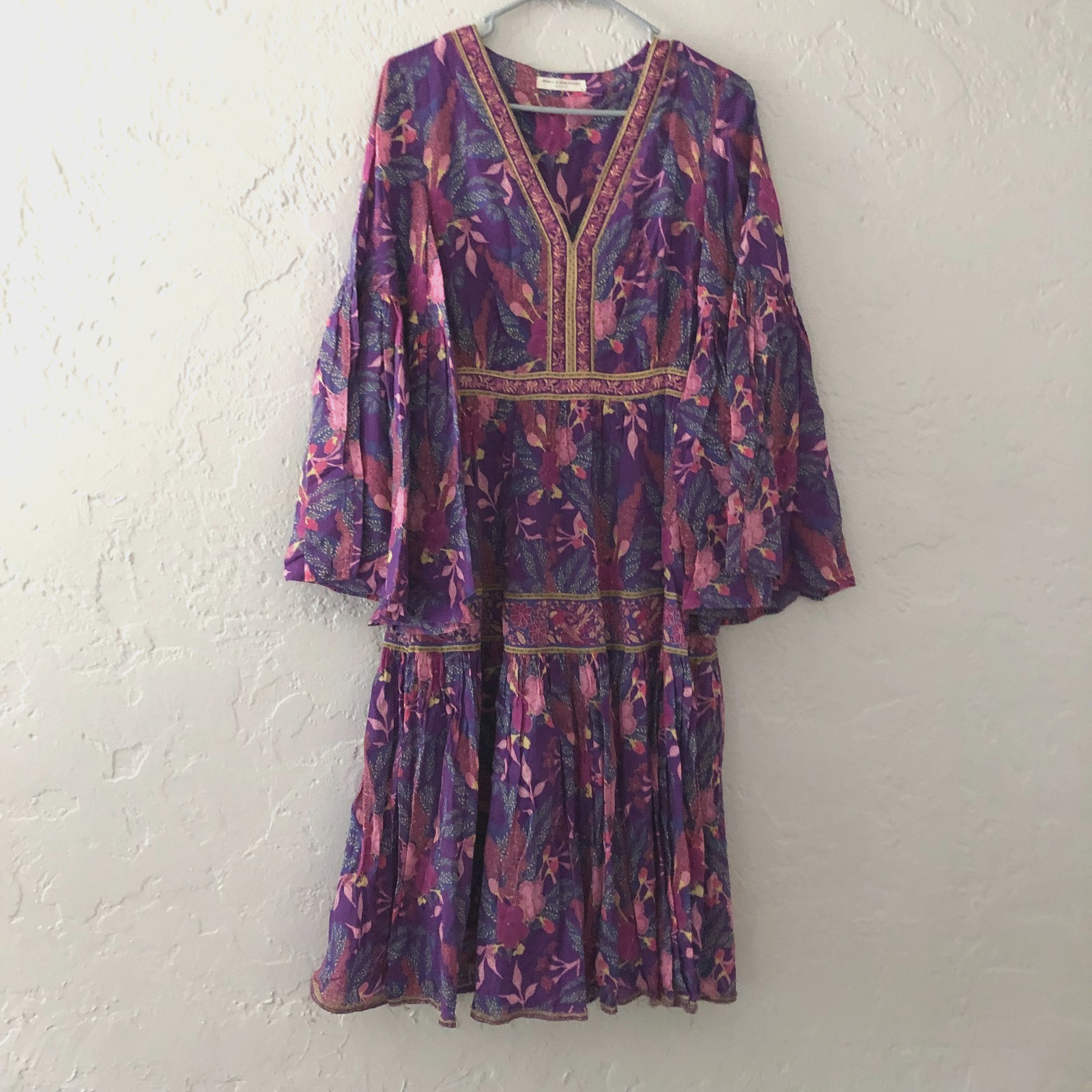 Spell & The Gypsy Bianca Dress Tiered Bell Sleeve Purple Floral V Neck Sz S READ