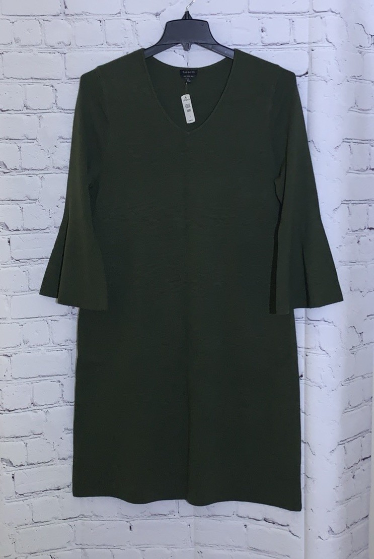 Talbots Sweater Dress Womens Large Olive Green Knit 3/4 Sleeve Stretch Midi