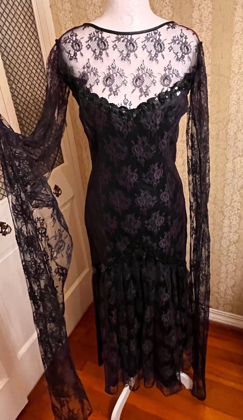 Gunne Sax Vtg Lace Sequin Evening Gown Black Open Back Dress Whimsigoth Witchy