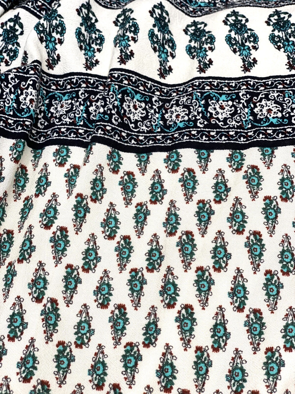 American Rag Sz L Boho Dress Paisley bell sleeves Ivory, Green, And Red Colors