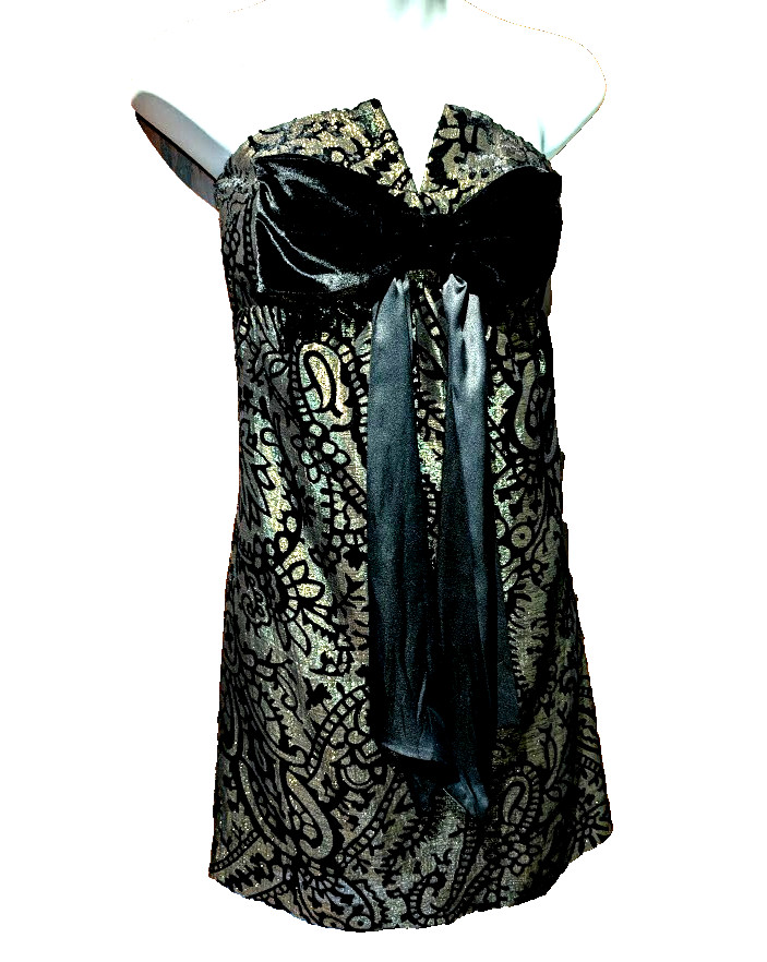 BETSEY JOHNSON vtg Gold Lame Black Velvet Bow Strapless Babydoll Dress 2 XS S 5I
