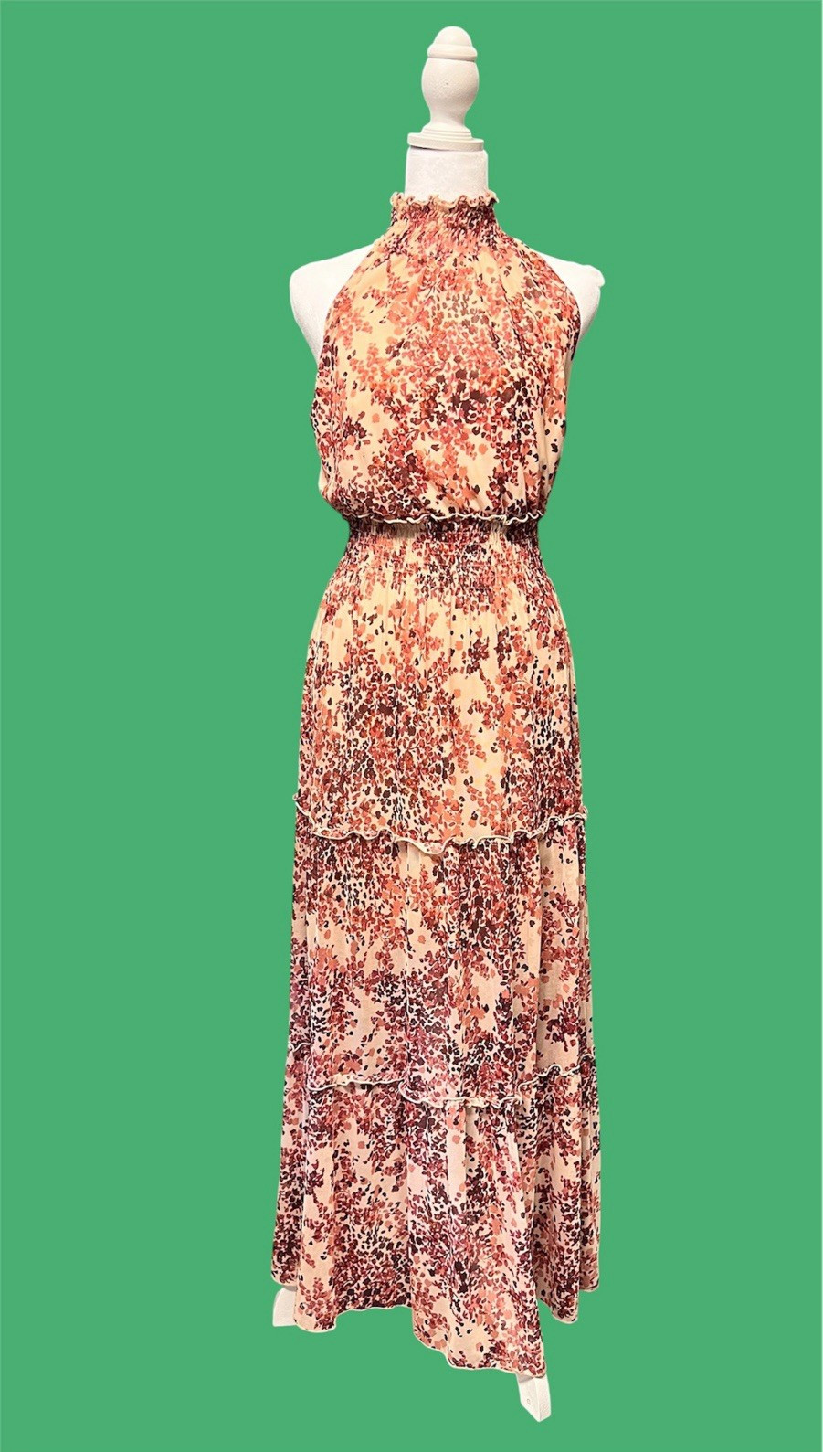 KATE and LILY Animal Print Mesh Halter Maxi Dress Tiered Lined Zip Size S