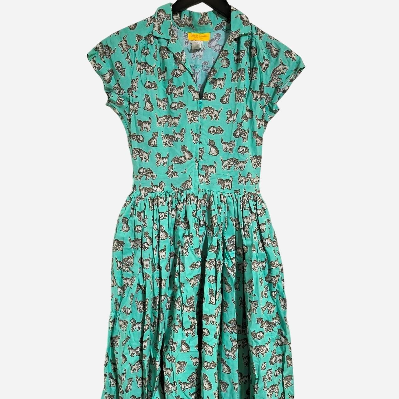 Bernie Dexter Kelly Dress XS Cat Print Green Shirt Dress 100% Cotton Collared
