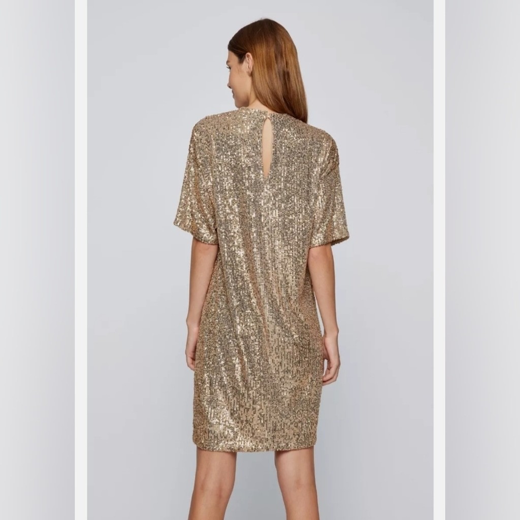 NWT Boss by Hugo Boss C Esenni Gold Sequin Mini Shift Dress Women’s Size Small