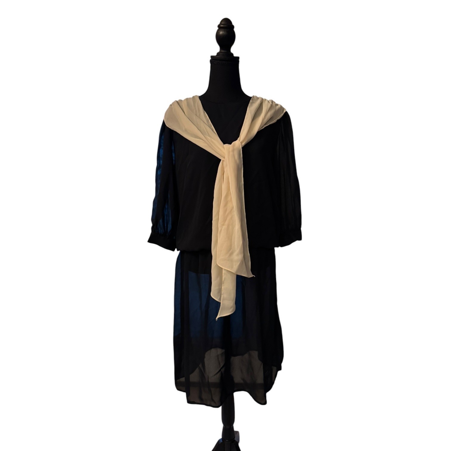 VINTAGE Robert Simmons Black and Cream Sheer Polyester Dress