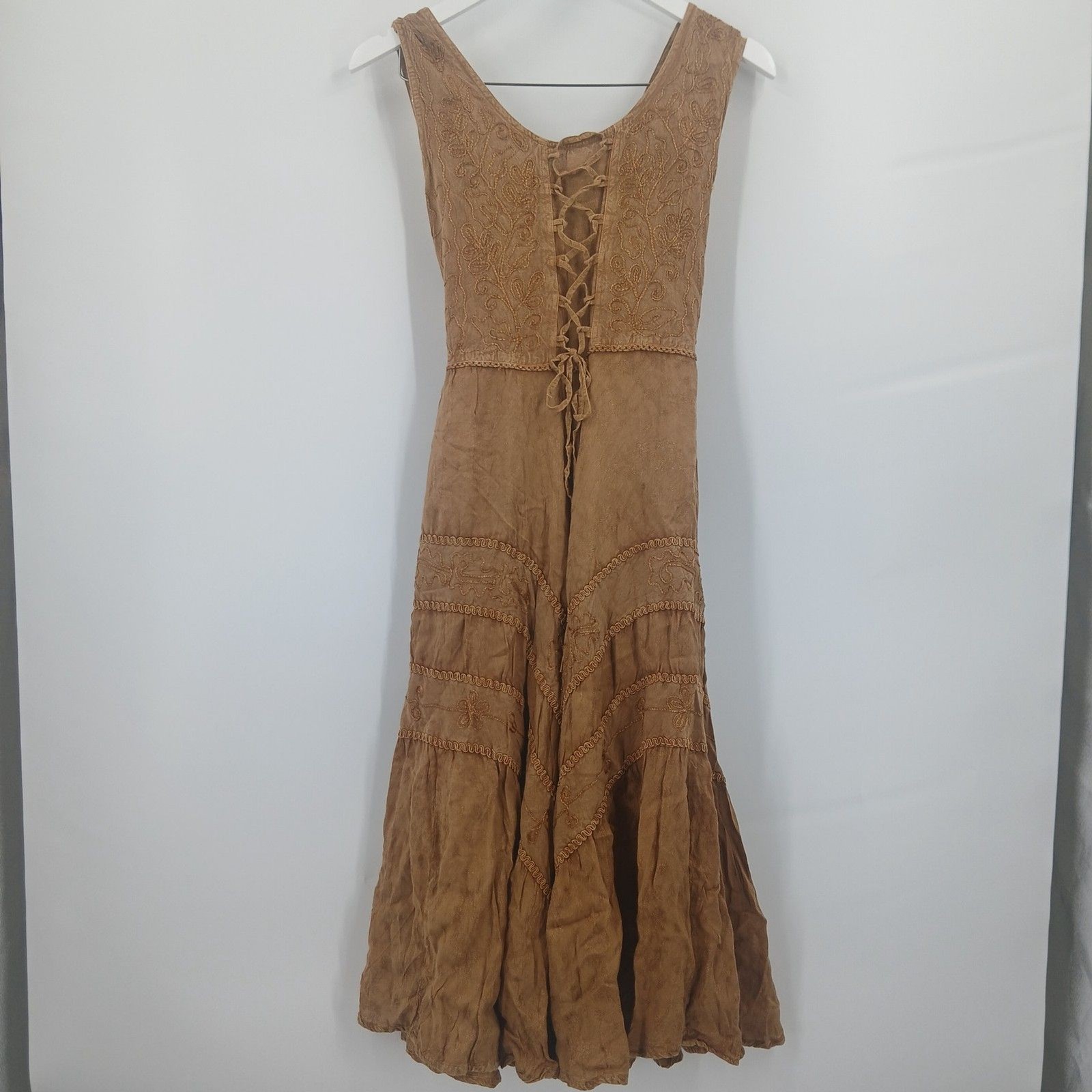 womans scully brown tan lace up front midi dress size large boho cowgirl western