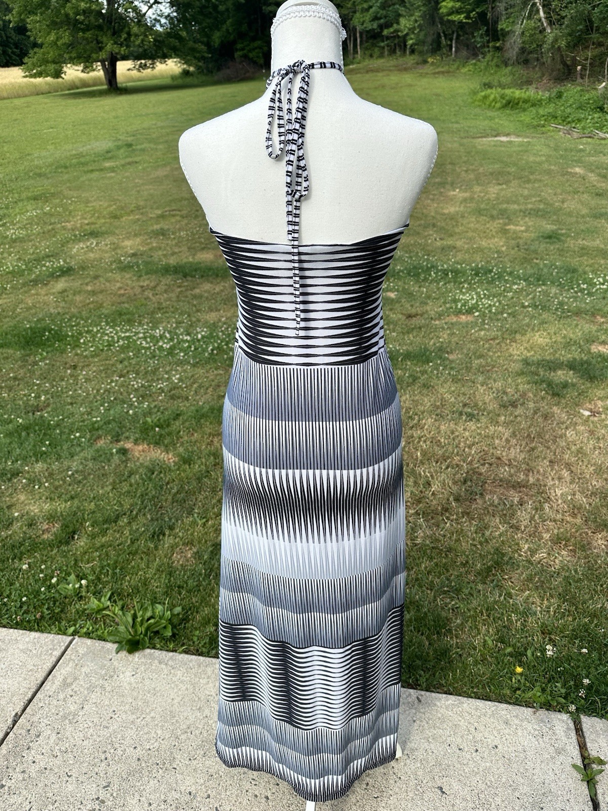 Black/White/Gray Striped Halter Ring Stretch Maxi Dress S