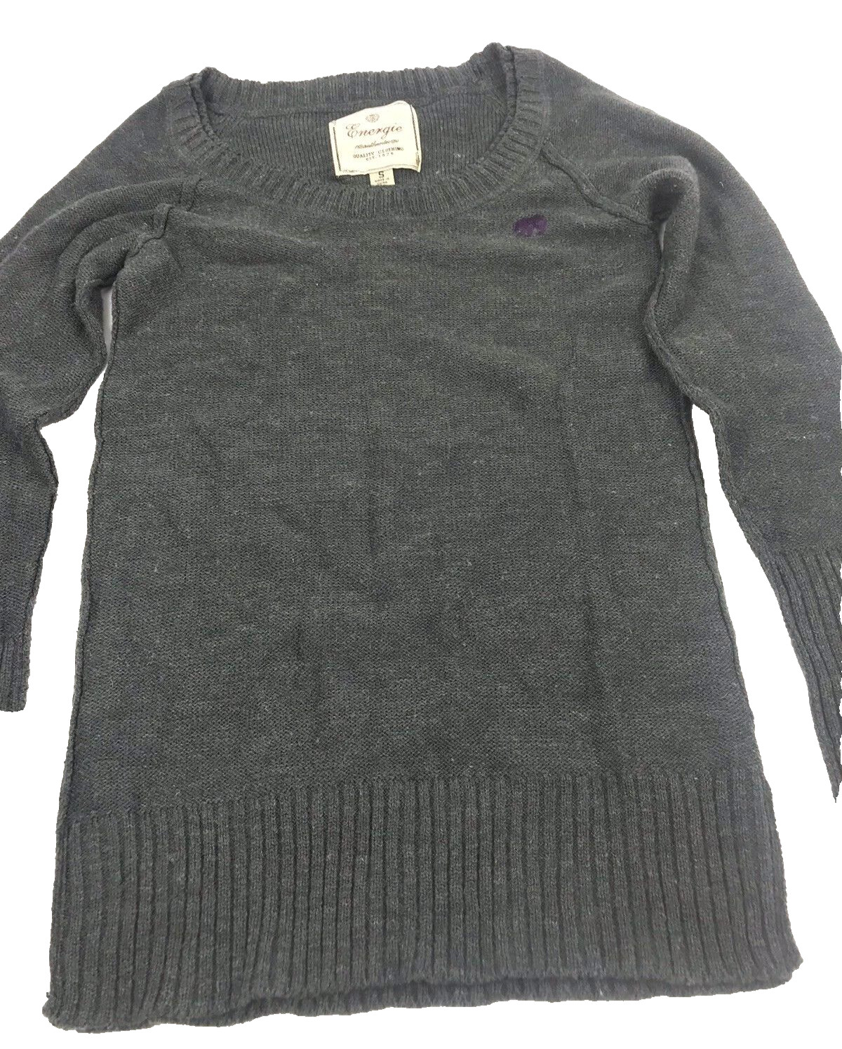 Energie, Women’s Long Sleeve Knit Sweater Gray Purple Logo Size Small