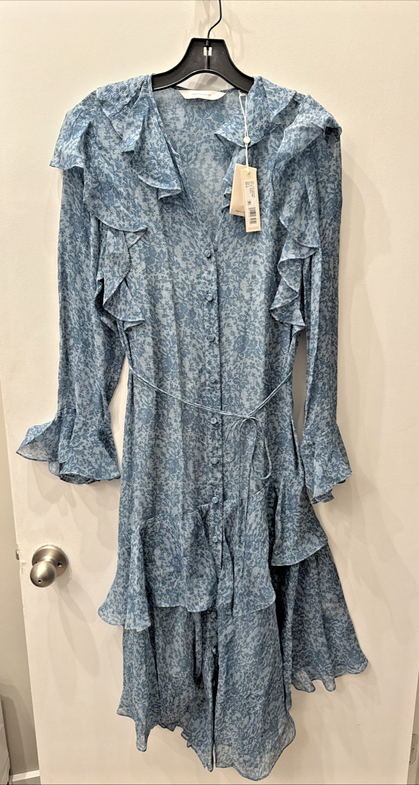NWT Rebecca Taylor Sz 6 Silk Chiffon Shirtdress Guipure Stormy Blue Combo ($495)