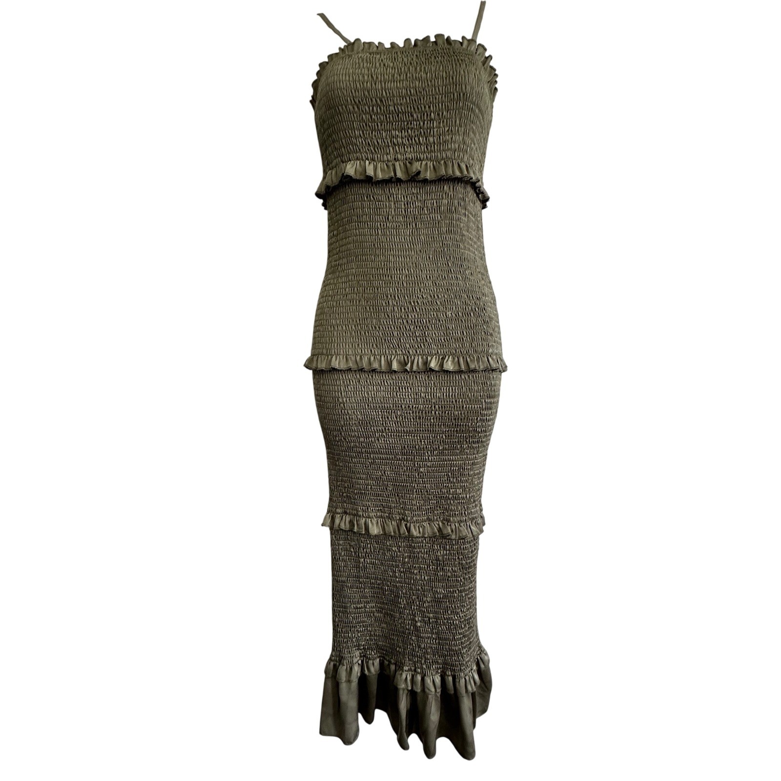 Mable Olive Green Smocked Tiered Ruffle Maxi Dress Womens Small MD22911