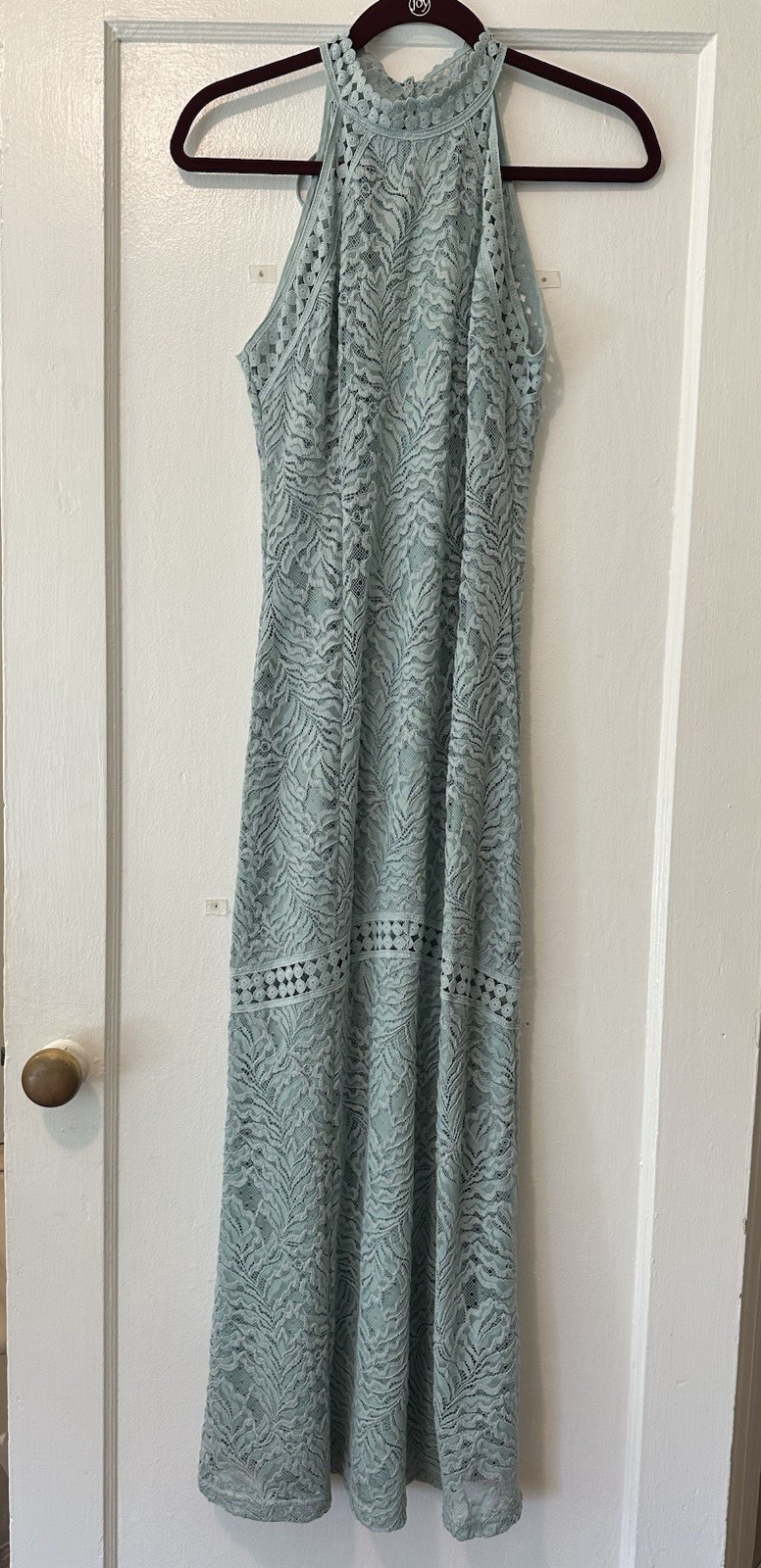 Guess Eyelet Lace Mock Neck Maxi Seafoam/Teal Open Back w Slit “Liza” size S NWT