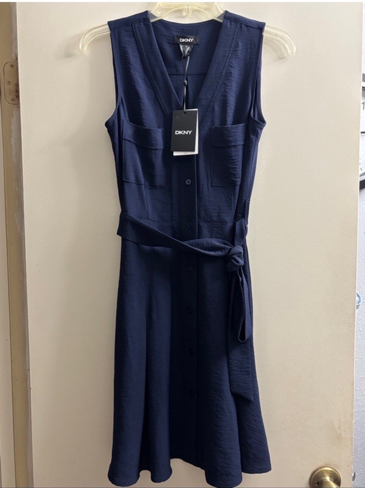DKNY Navy Sleeveless V-Neck Button Front Belted Pocket Midi Shirt Dress 2