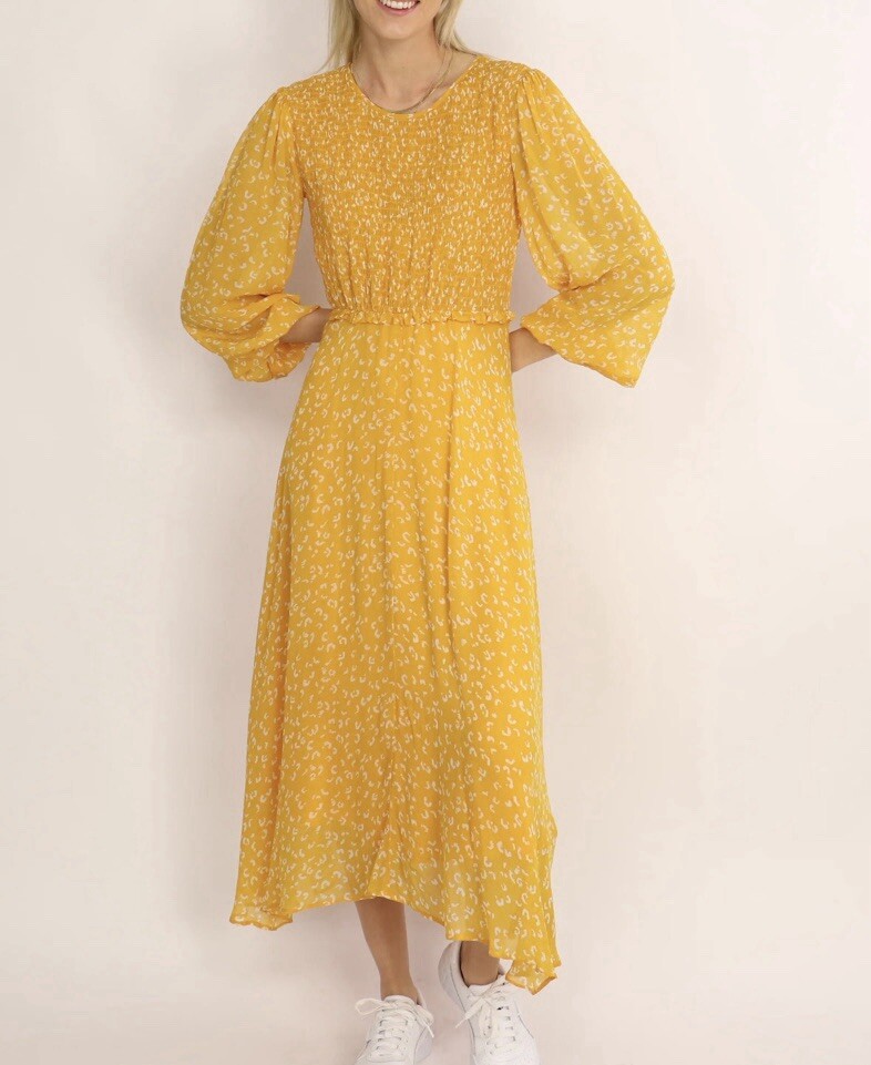 Ghost London Margaux Leopard-Print Dress Sun Yellow Midi Dress Size XS