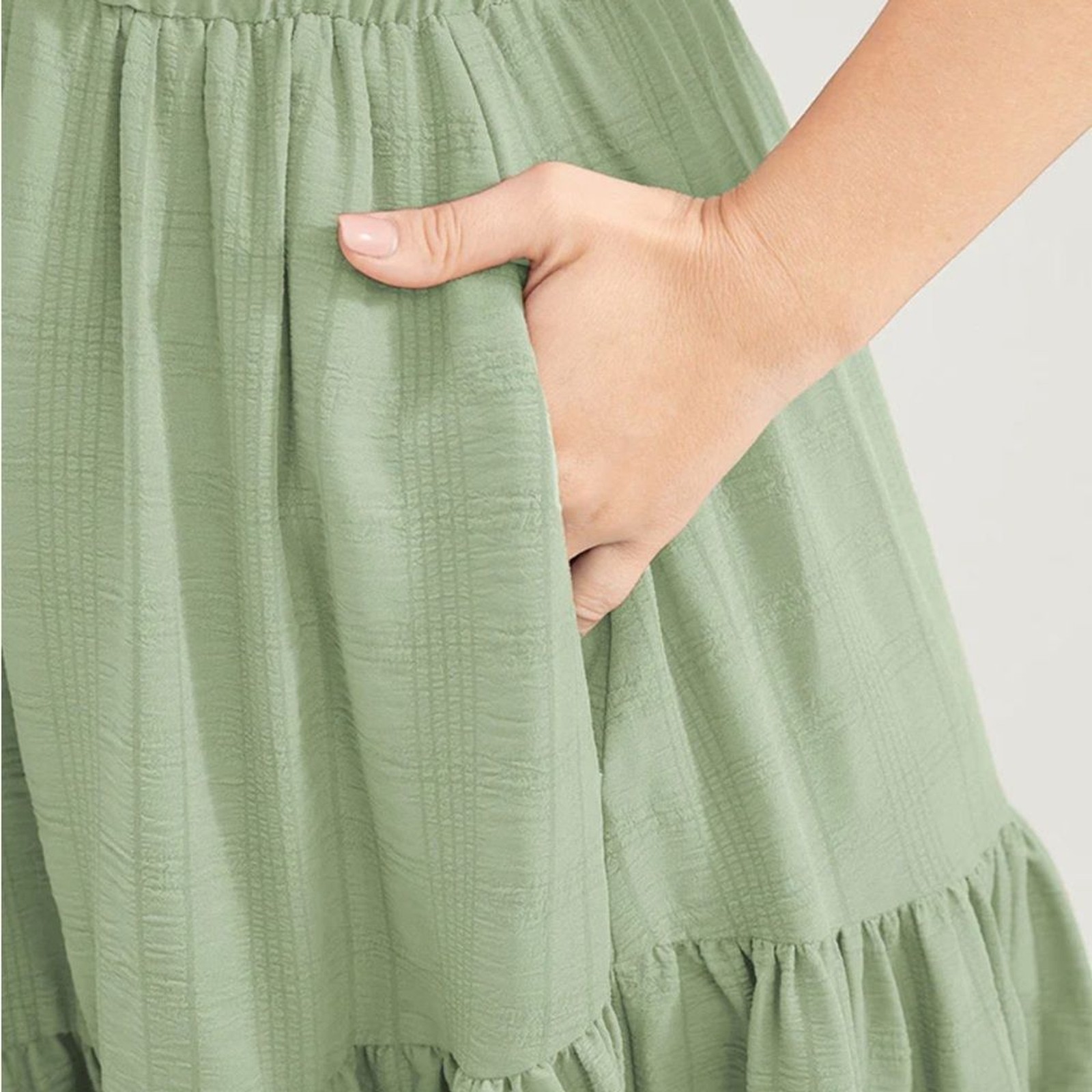 Plain Ruched Drawstring Pocket Ruffle Tiered Dress