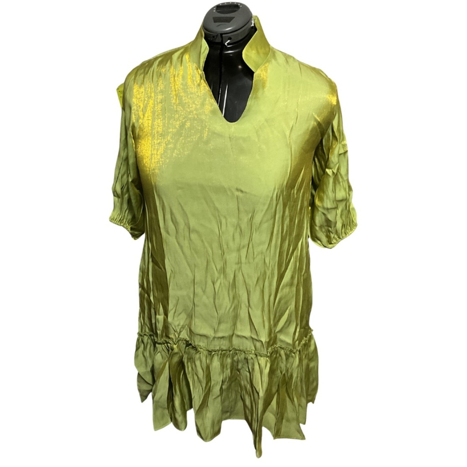Lime Green Metallic Sheen V-Neck Ruffle Mini Dress NWT Oversized AOMEI Sz M