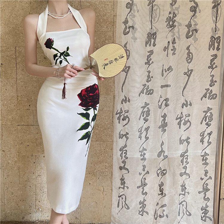 Women Sexy Open Back Mid Length Split Dress Summer Slim Fit Wrap Hip