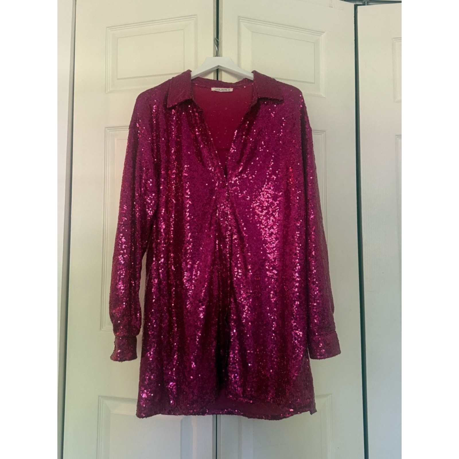 12th Tribe Hot Pink Sequin Long Sleeve Shirt Dress Collared Button Down Medium