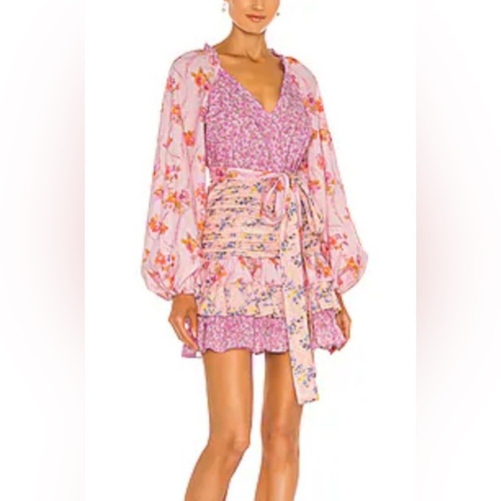 For Love Bell Romance Ruffle Floral Mini Dress in Pink – S