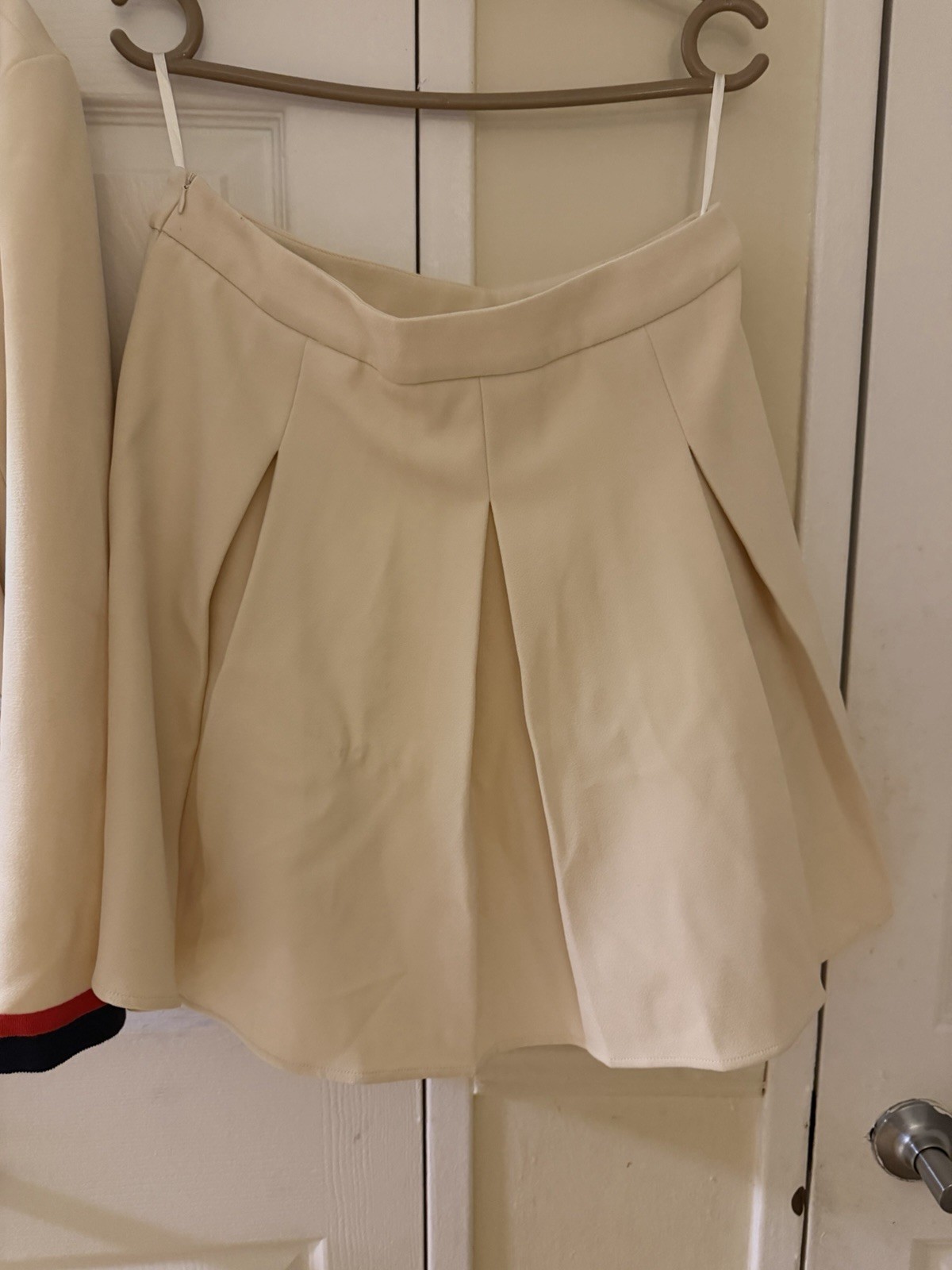 Cream Floral Embroidered Two-Piece Jacket & Skirt Set with Red-Blue Trim