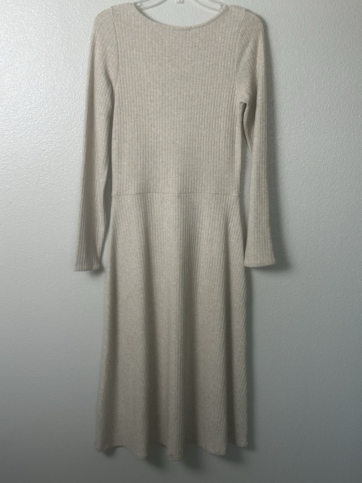 VINCE Long Sleeve Ribbed Scoop Neck Knit Midi Dress Women M Heather Beige NWT