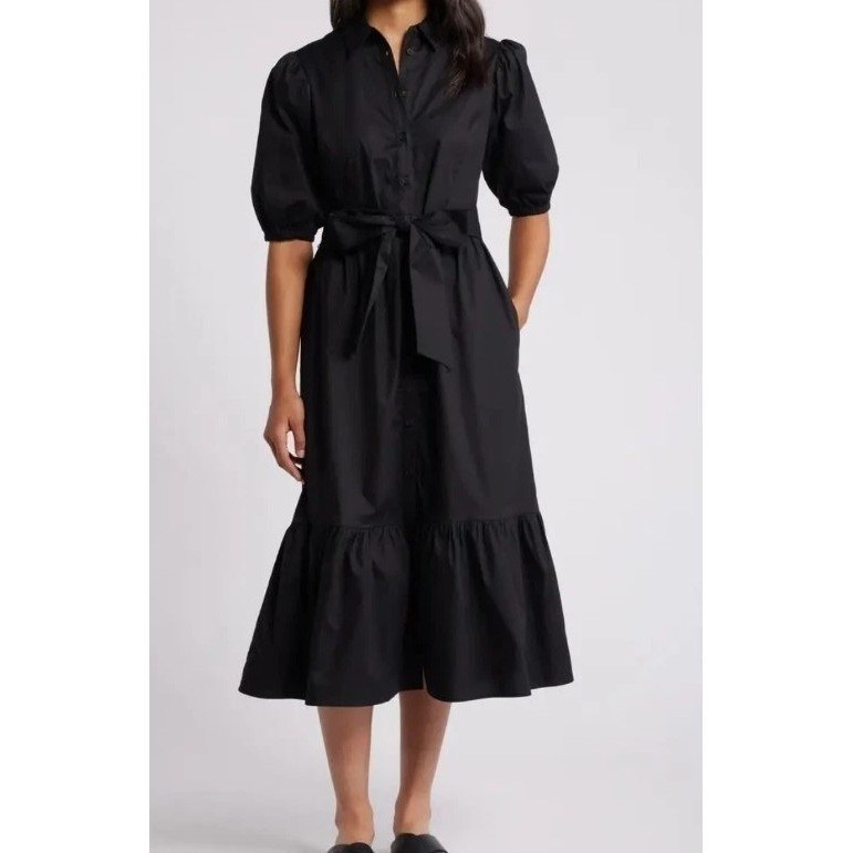 Caslon Puff Sleeves Stretch Cotton Button Front Shirtdress Black Women’s Size S