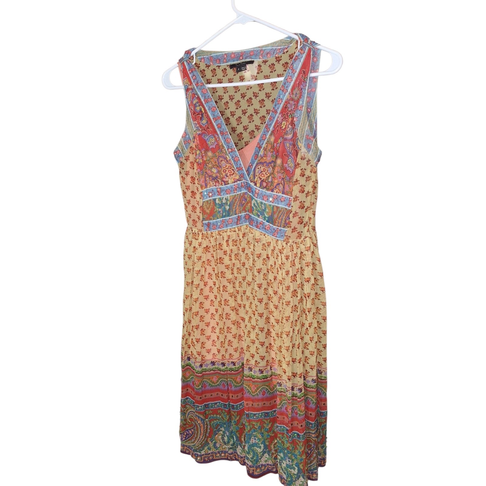 ECI NY 100% Silk Floral Paisley Midi Dress Mustard Yellow Vintage Whimsigoth Sz