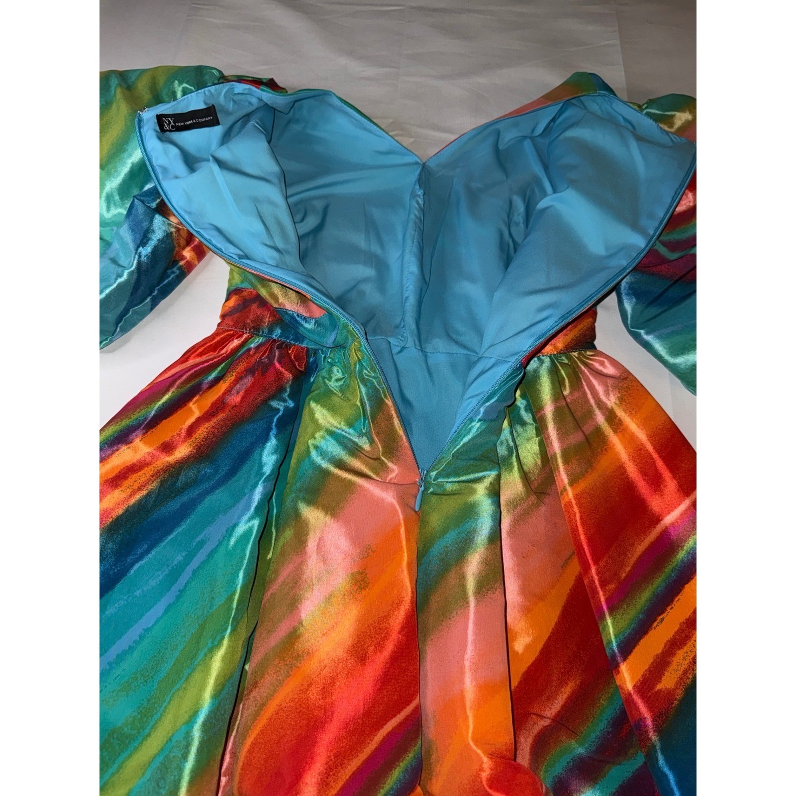 New York & Company Rainbow Stripe Puff Sleeve Mini Dress XS Multi Color V-Neck