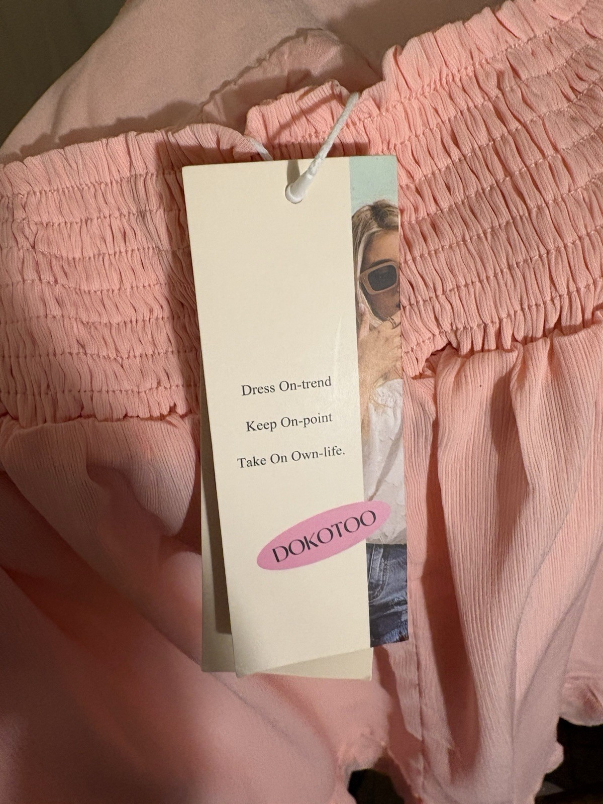 Dokotoo Pink Square Neck Smocked Ruffle Mini Dress Tie Back Puff 3/4 Sleeve M