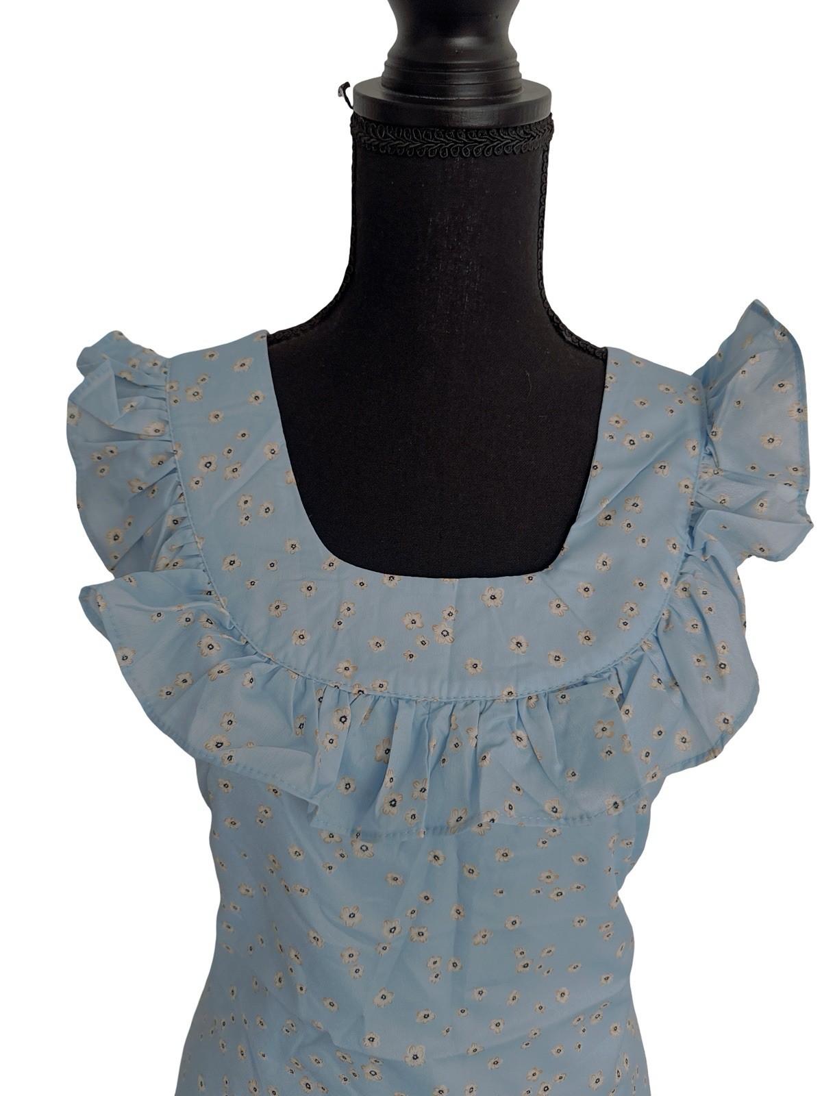 Mspinay Blue Eyelet Ruffle Square Neck Sleeveless Midi Dress, Women’s S